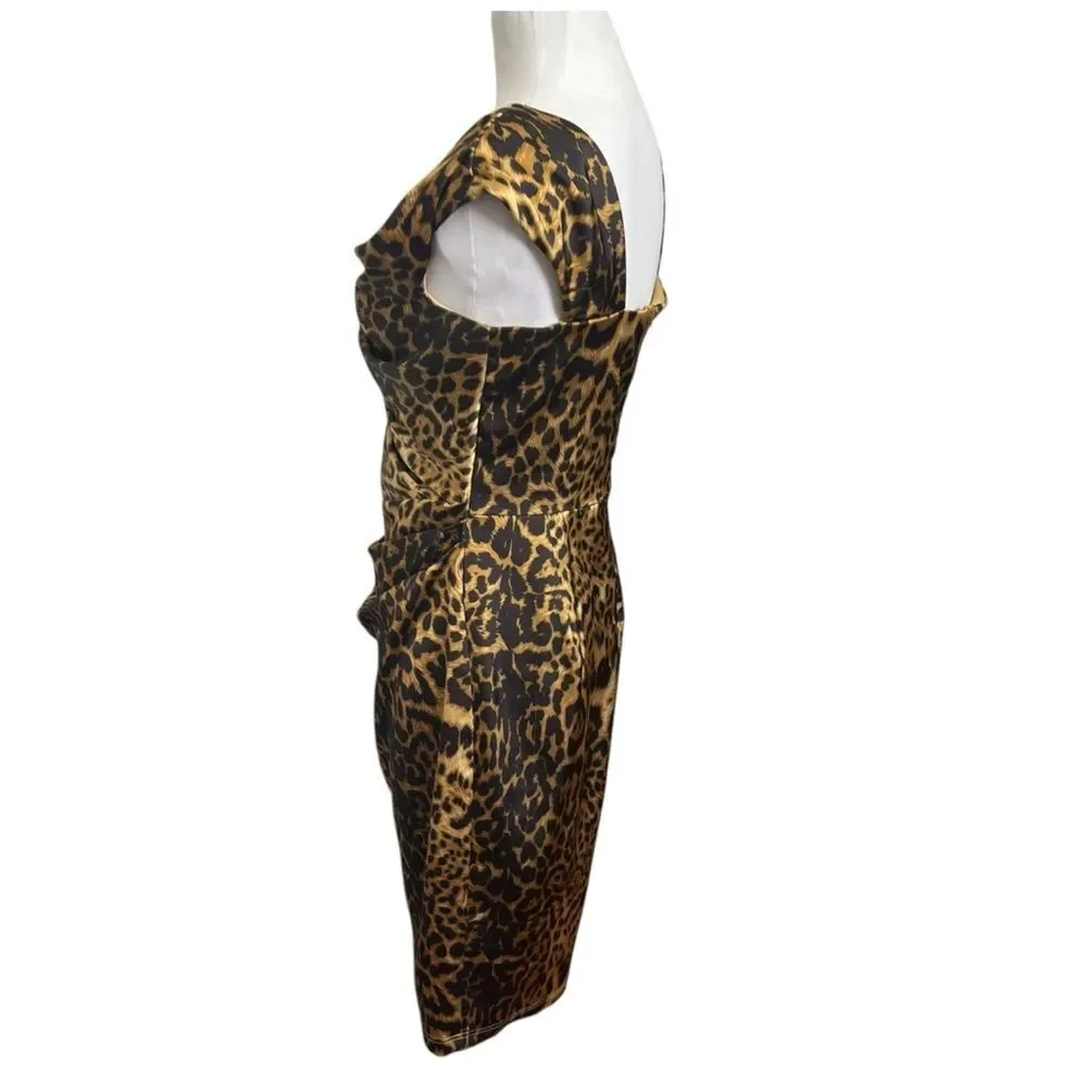 TADASHI Collection Dress Leopard Print Ruched Bodycon Women’s Size 6 Midi